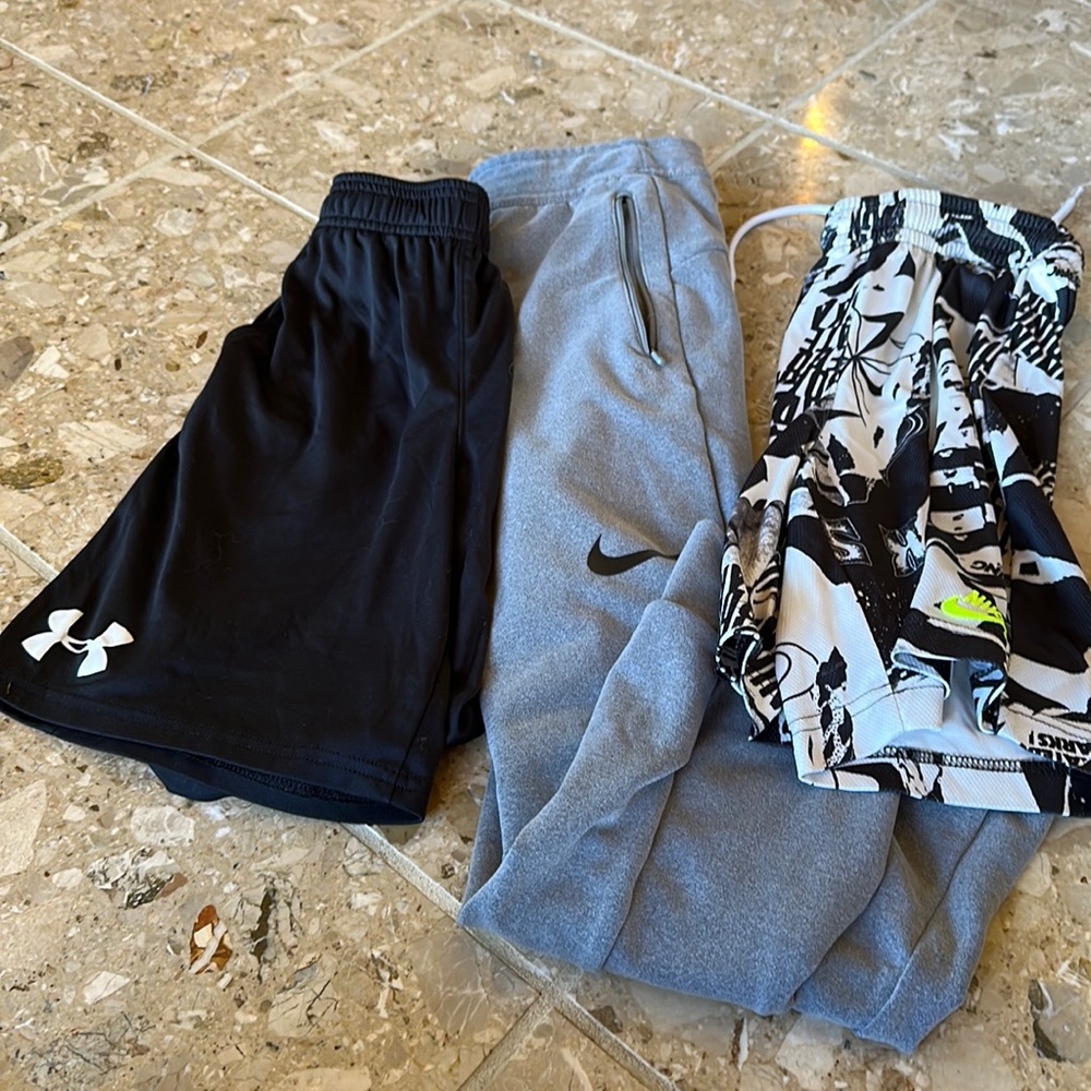 Boys Nike sweatpants and UA and Nike shorts